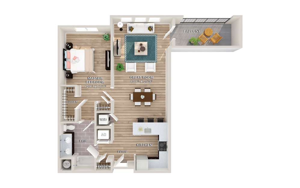 AVENUE A - 1 bedroom floorplan layout with 1 bath and 985 square feet.