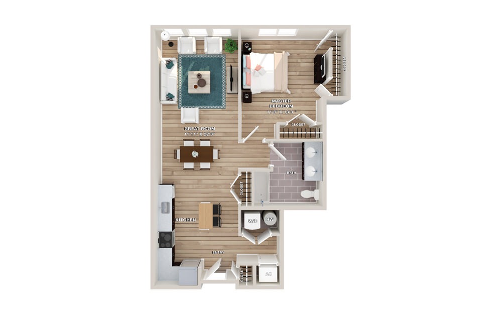 AYRES - 1 bedroom floorplan layout with 1 bath and 900 square feet.
