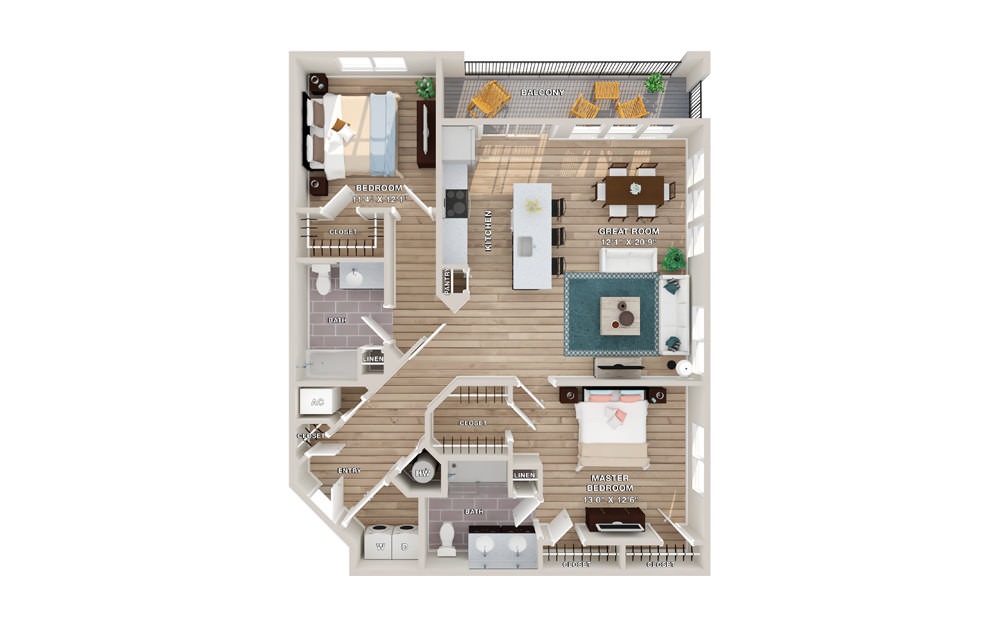 BAYSIDE - 2 bedroom floorplan layout with 2 baths and 1300 square feet.