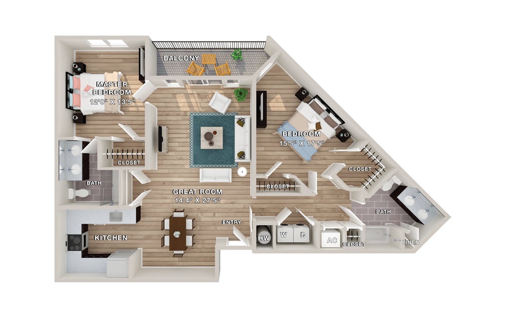 BERGEN - 2 bedroom floorplan layout with 2 baths and 1315 square feet.