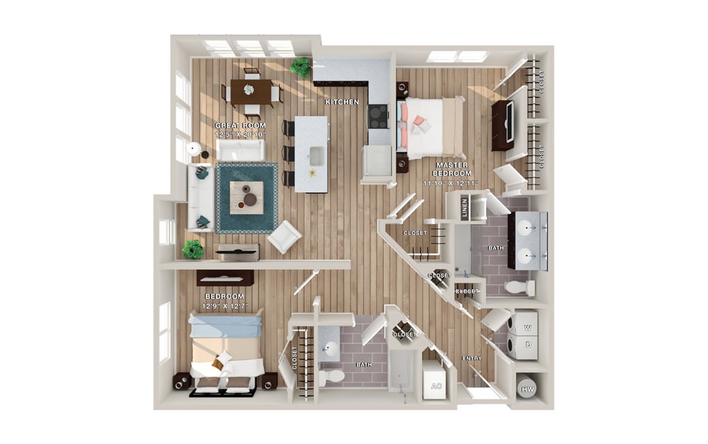 BOATWORKS - 2 bedroom floorplan layout with 2 baths and 1250 square feet.