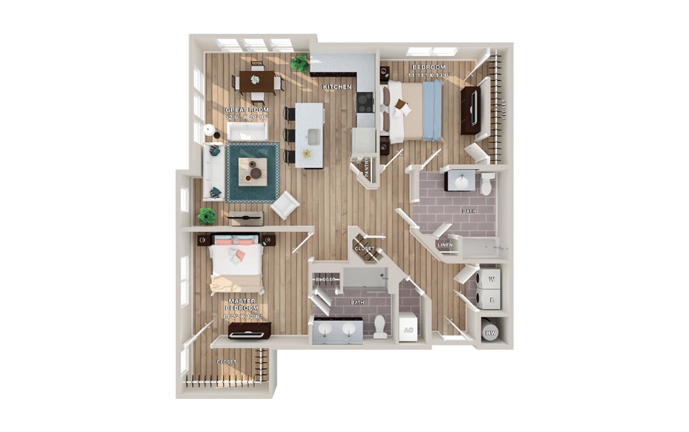 BROADWAY - 2 bedroom floorplan layout with 2 baths and 1310 square feet.