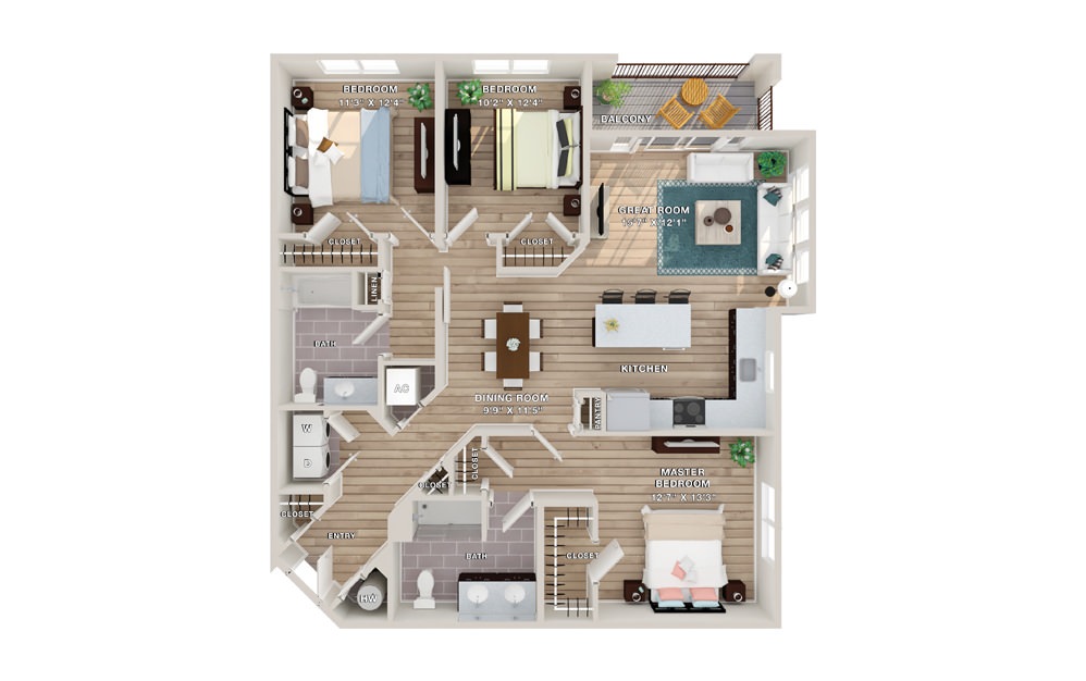 CHESTNUT - 3 bedroom floorplan layout with 2 baths and 1440 square feet.