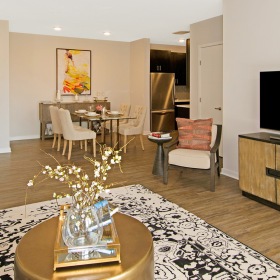 Sophisticated studio, one, two and three-bedroom floorplans recessed lighting throughout living room, dining and kitchen areas