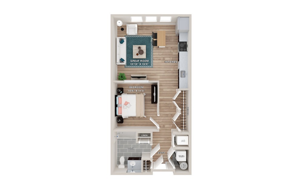 SEAVIEW - Studio floorplan layout with 1 bath and 670 square feet.